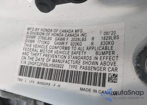 2020 Honda Civic Lx z USA, uszkodzony, nr VIN 2HGFC2F69LH560822